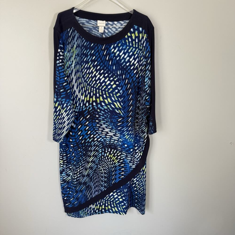 Chico's Travelers Blue 3/4 Sleeves Faux Wrap Ruched Dress Slinky Knit 4 US 20